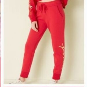 PINK Victoria's Secret Red Joggers Gold Metalic Crursive Writing